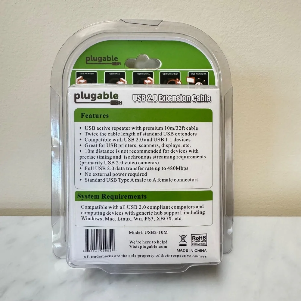Plugable 10 Meter (32ft) USB 2.0 Active Extension Cable Type A Male to A Female